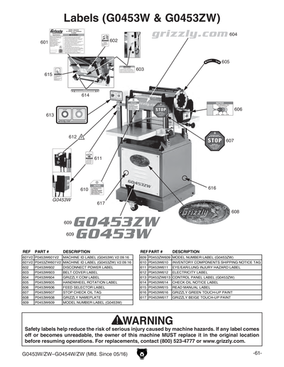 Parts for G0453ZW 15