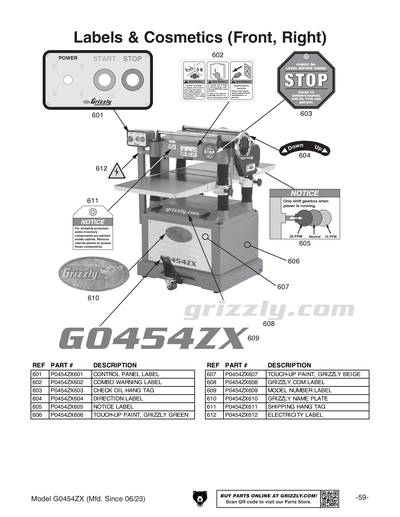Parts for G0454ZX 20