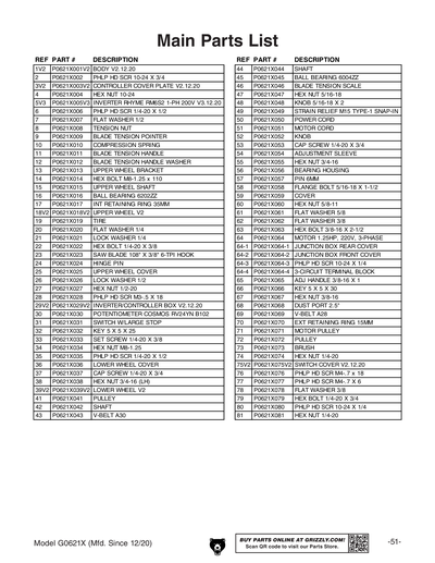 Part Diagram for G0621X