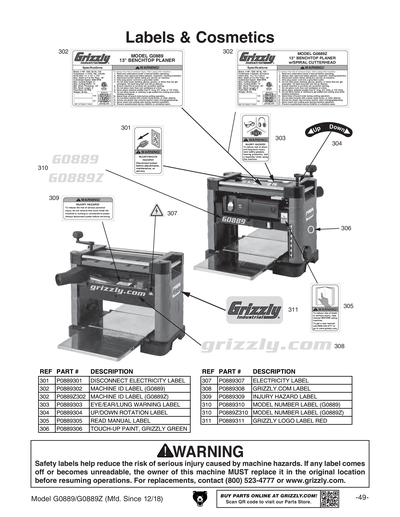 Parts for G0889Z 13
