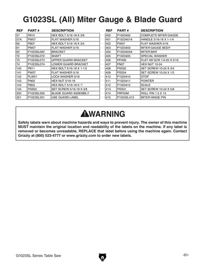 Part Diagram for G1023SLW