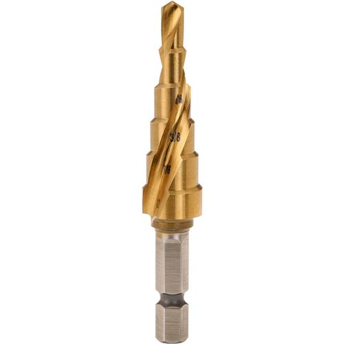Image for Grizzly T28064 - Step Drill Bit 3/16" to 1/2" TiN Coated by 16ths, 5 Steps, Hex Shank